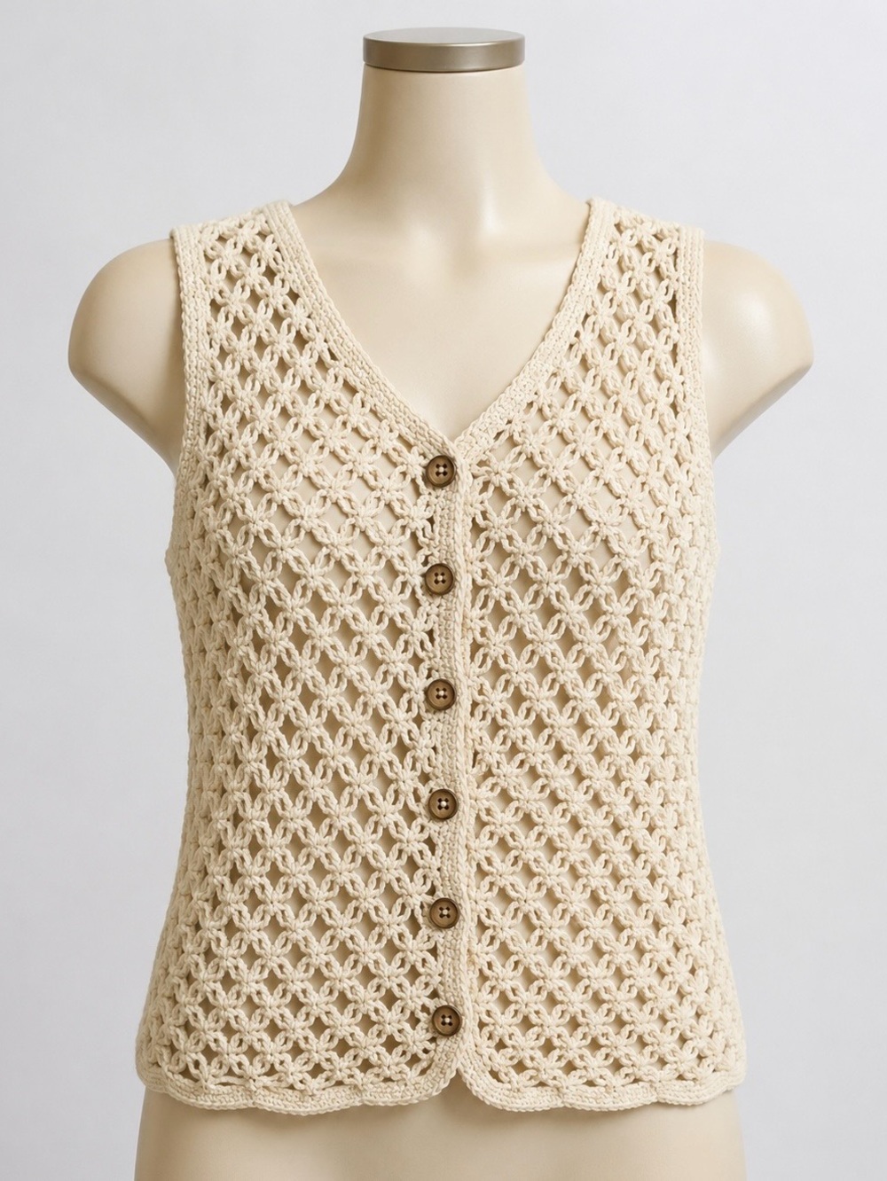 Handmade Crochet Vest Grandmacore Wooden Buttons Ivory Measurements In Desc